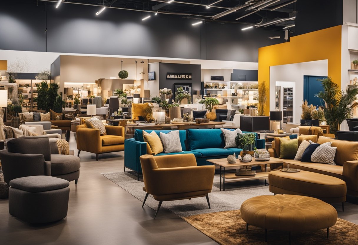 A bustling showroom filled with stylish furniture, vibrant colors, and eye-catching displays. Customers eagerly explore the aisles, drawn in by the allure of seasonal offers and sales