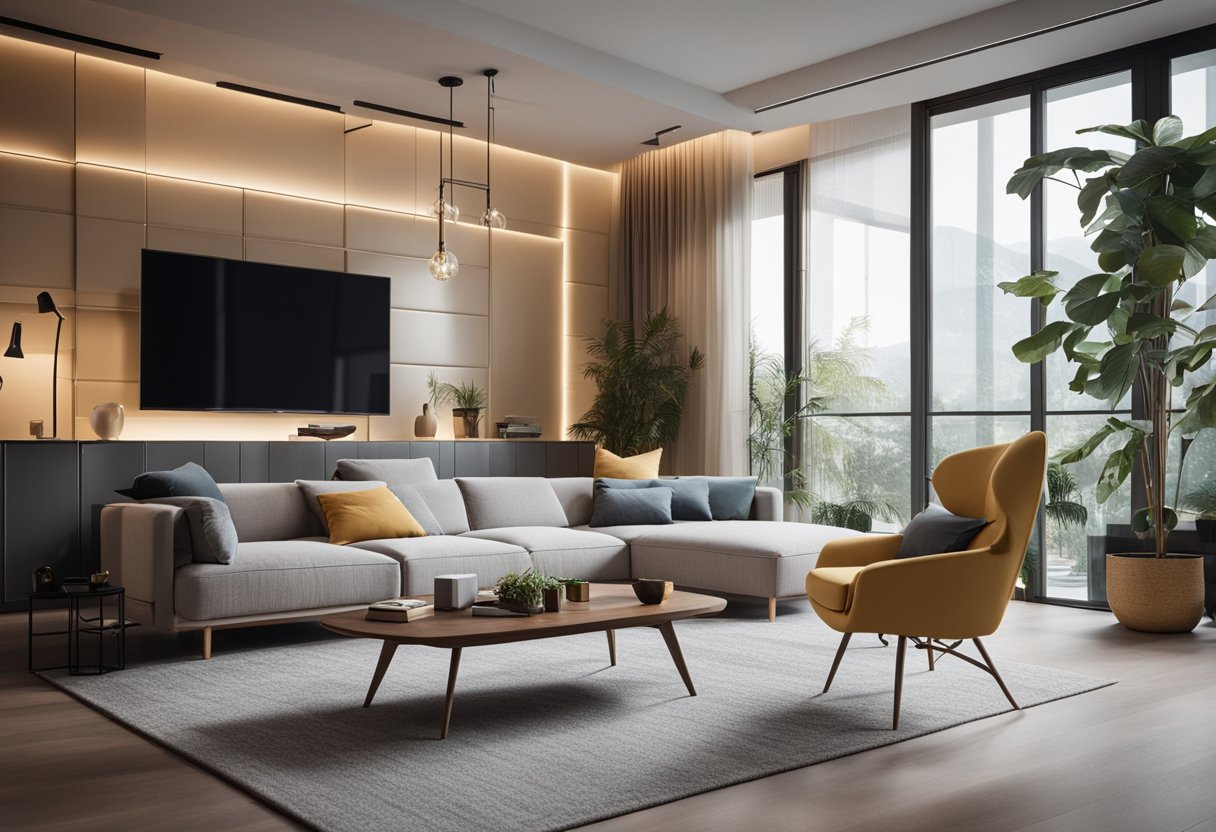 A cozy living room with a stylish partition separating the space. Modern furniture and decor create a welcoming atmosphere