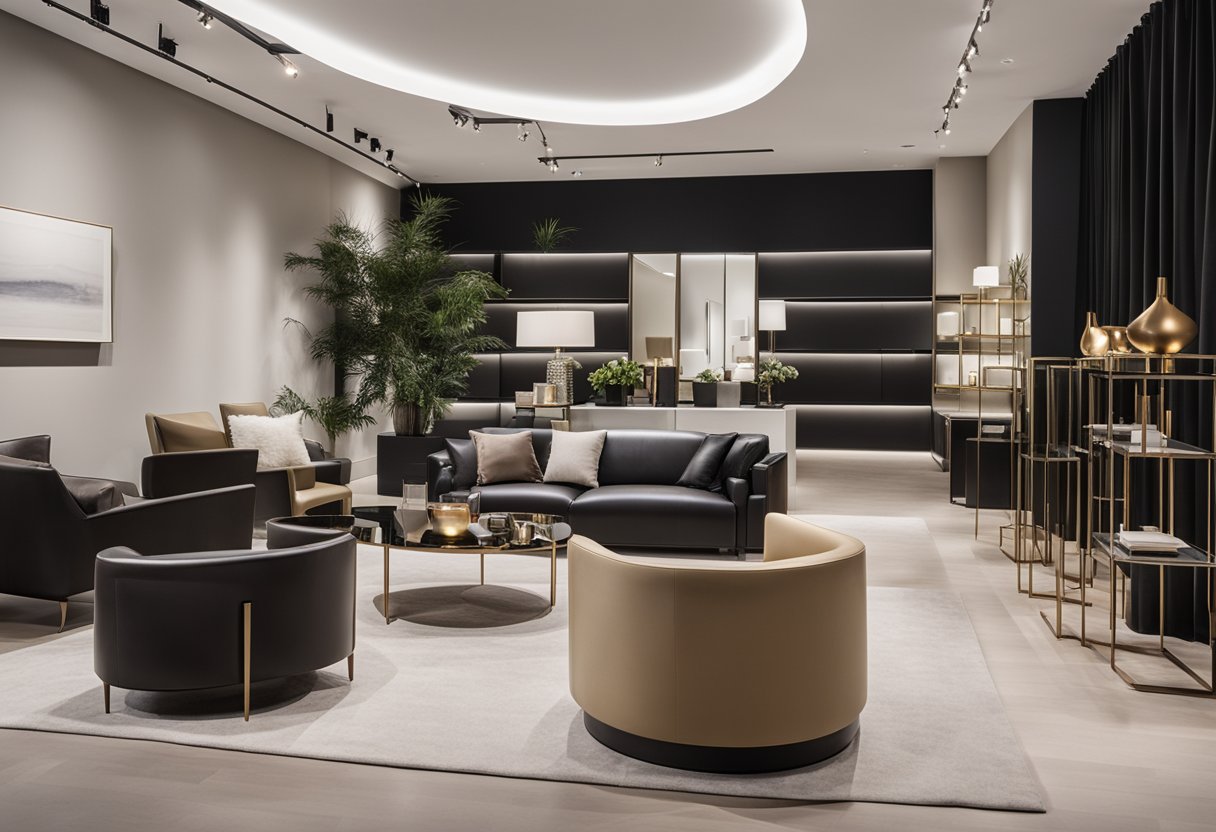 A sleek, minimalist showroom with rows of modern classic furniture. Clean lines, neutral colors, and stylish decor create a sophisticated atmosphere