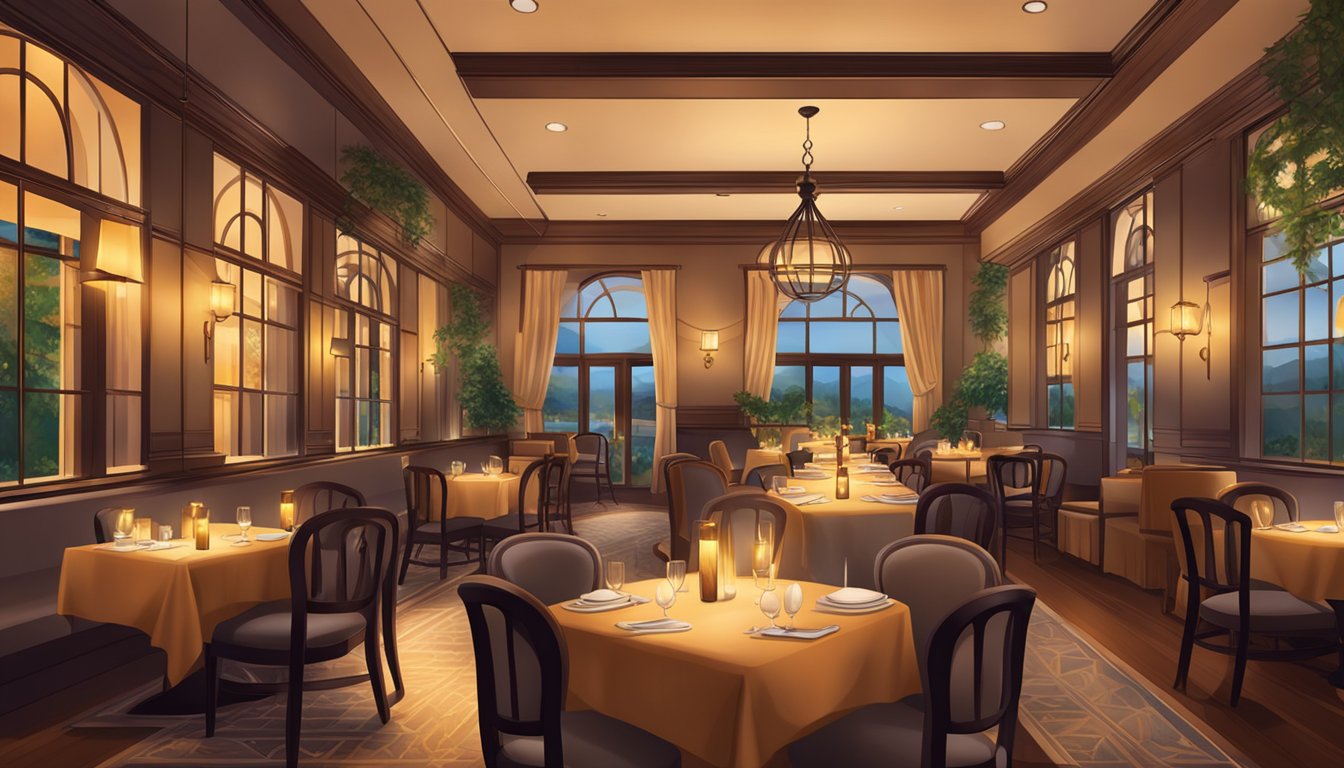 A cozy, upscale restaurant with warm lighting, elegant decor, and a welcoming ambiance