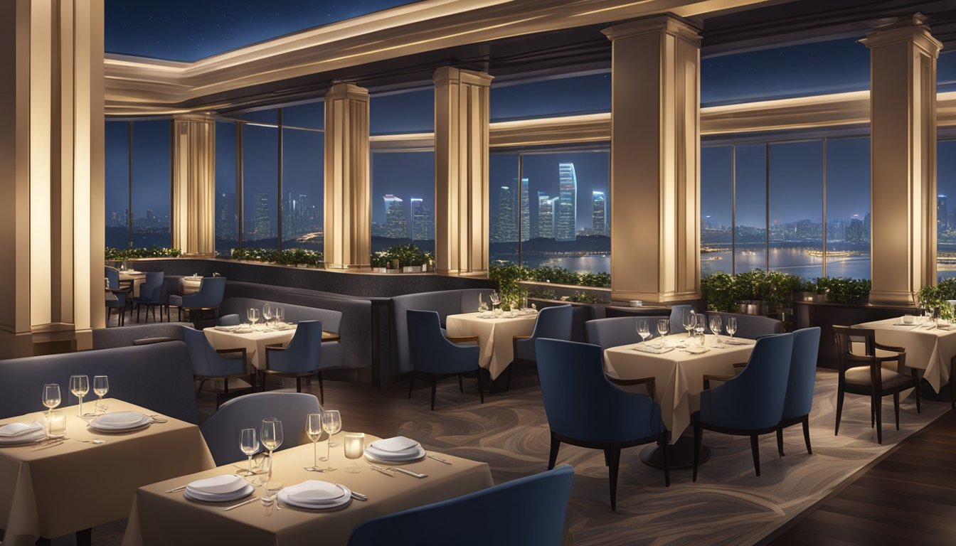 A luxurious restaurant in Singapore with elegant decor, dim lighting, and a stunning view of the city skyline