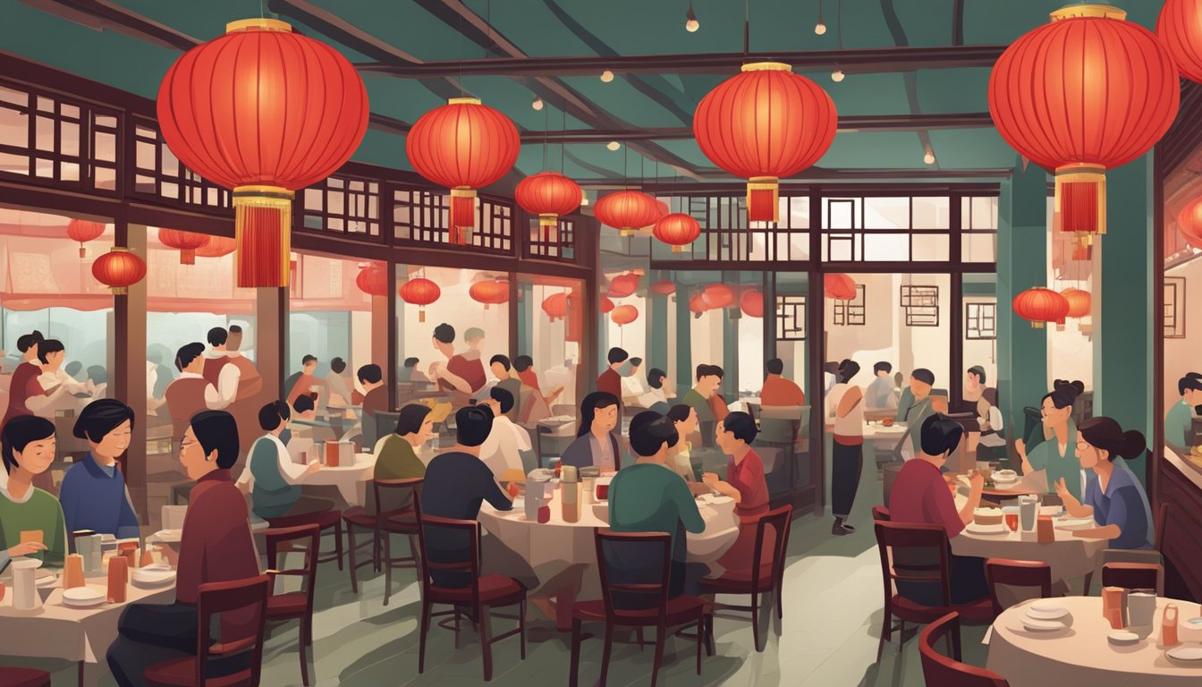 A bustling Chinese restaurant with red lanterns, round tables, and steaming dishes. Customers chat and laugh as waiters rush back and forth