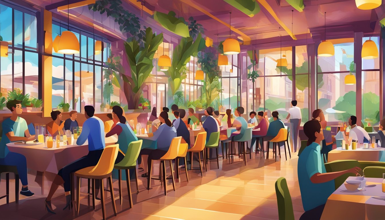 A bustling restaurant with colorful decor and lively atmosphere