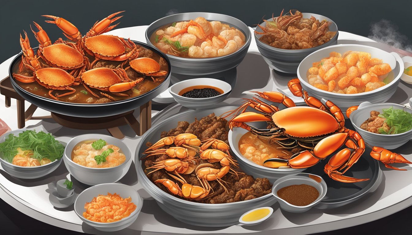 A table filled with steaming dishes of chili crab, black pepper crab, and salted egg prawns at Eng Seng Restaurant