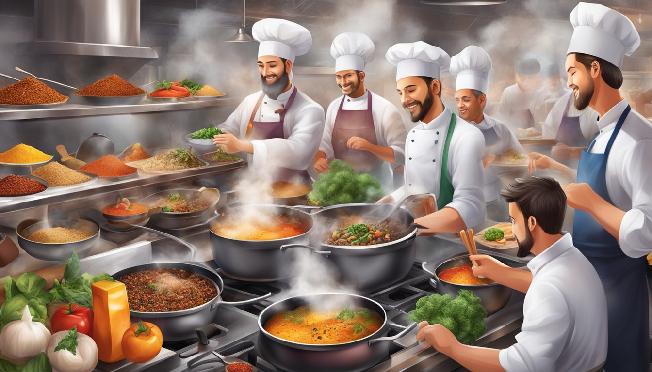 A bustling restaurant with steaming pots, sizzling pans, and colorful ingredients being skillfully prepared by chefs. The aroma of spices and cooking fills the air