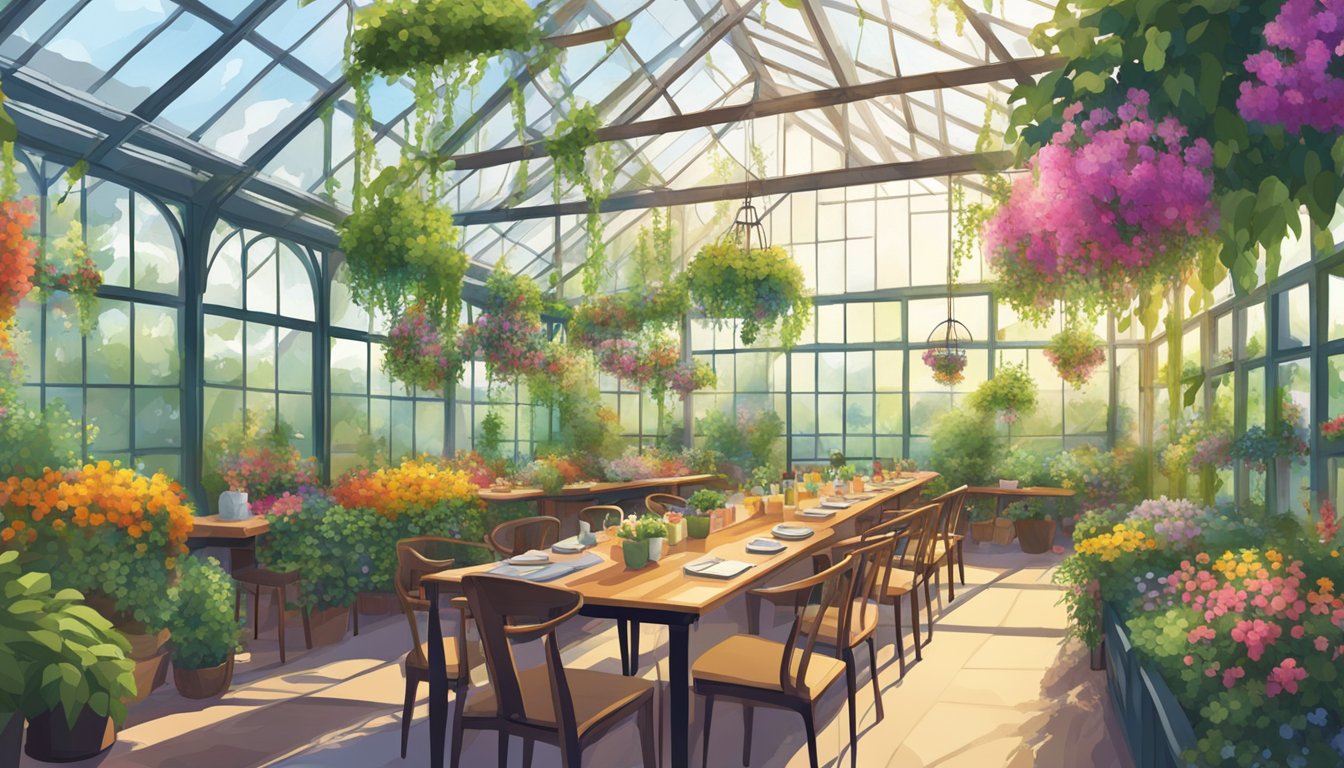 Lush plants fill a sunlit greenhouse with hanging vines and colorful flowers, surrounded by tables and chairs for dining