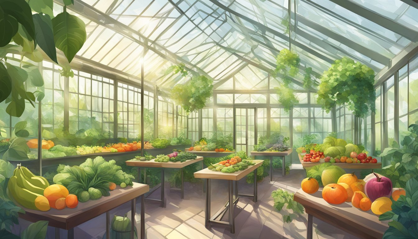 Lush greenery surrounds tables in a glass greenhouse. Sunlight filters through, illuminating the vibrant array of fruits, vegetables, and herbs