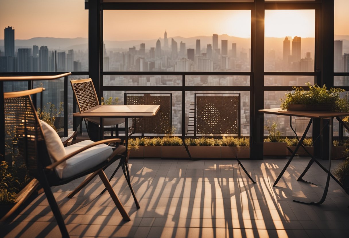 A simple balcony grill design, with clean lines and geometric patterns, overlooking a cityscape at sunset