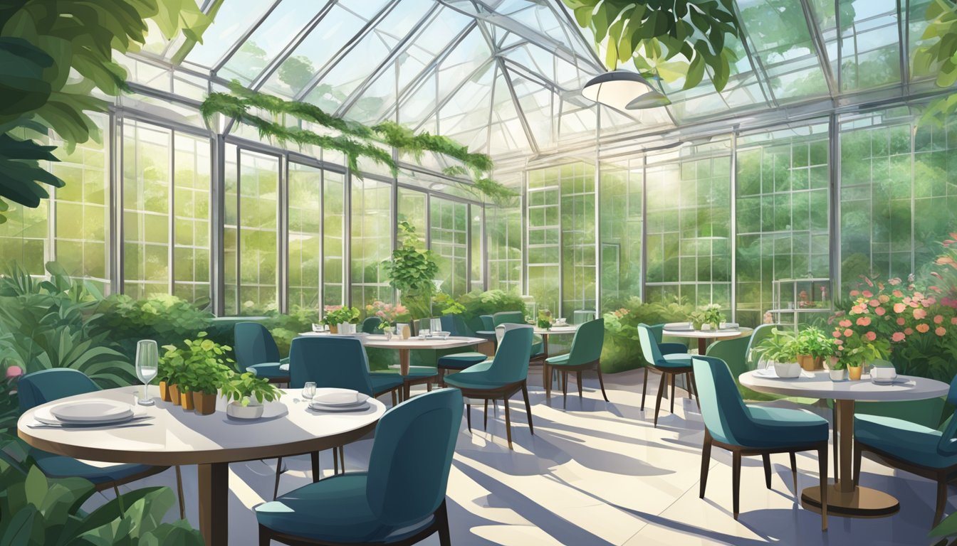 Lush greenery surrounds a modern glass greenhouse restaurant. Tables and chairs are nestled among vibrant plants, creating a tranquil and inviting atmosphere