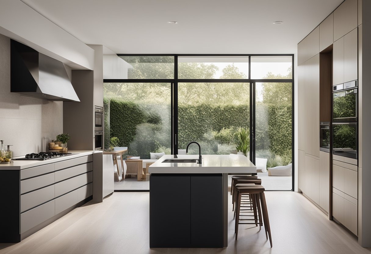 A sleek, minimalist kitchen with clean lines, neutral colors, and integrated appliances. Sliding doors open to a serene garden view