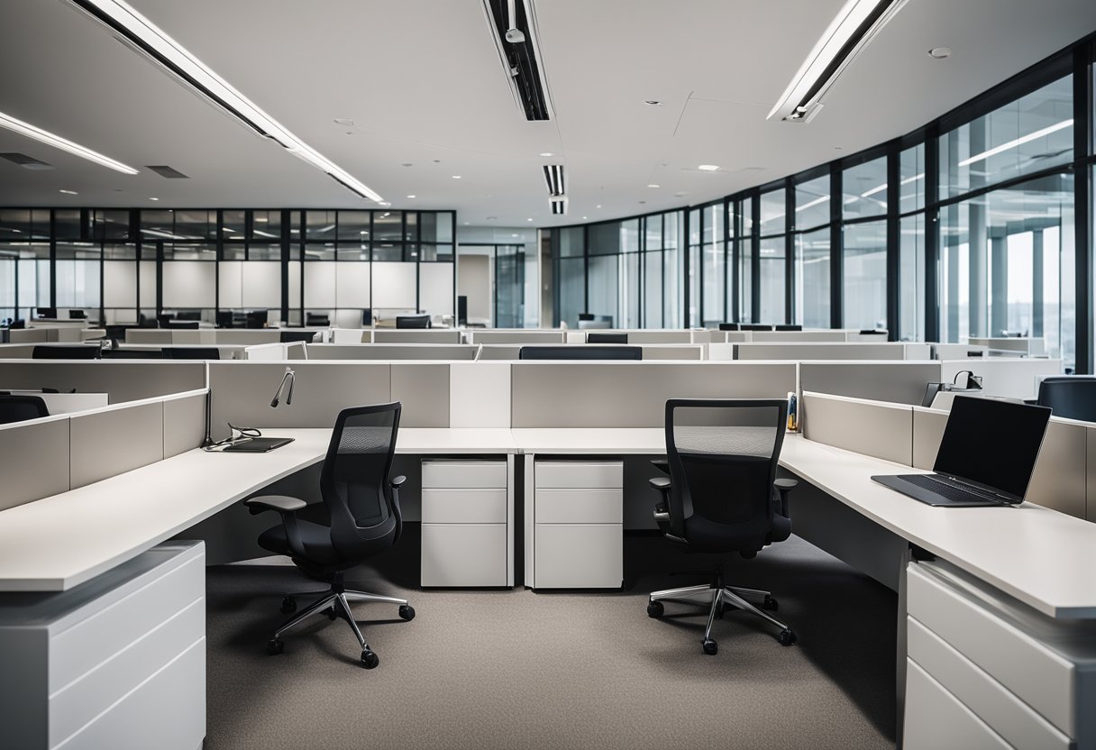 A modern office space with sleek, modular furniture in Singapore. Clean lines, neutral colors, and functional design
