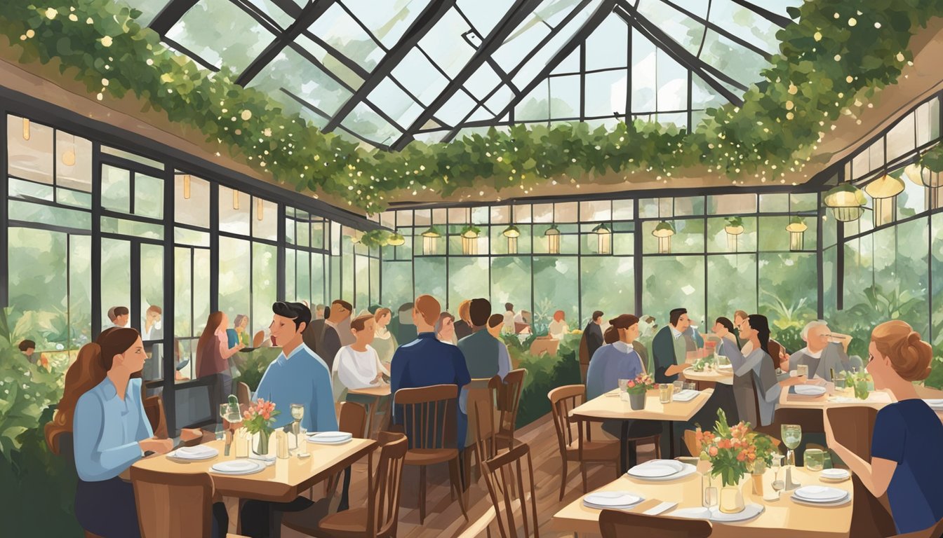 The greenhouse restaurant bustles with diners, surrounded by lush greenery and twinkling lights. Waitstaff move gracefully among the tables, serving up delicious dishes as guests chat and laugh in the cozy atmosphere