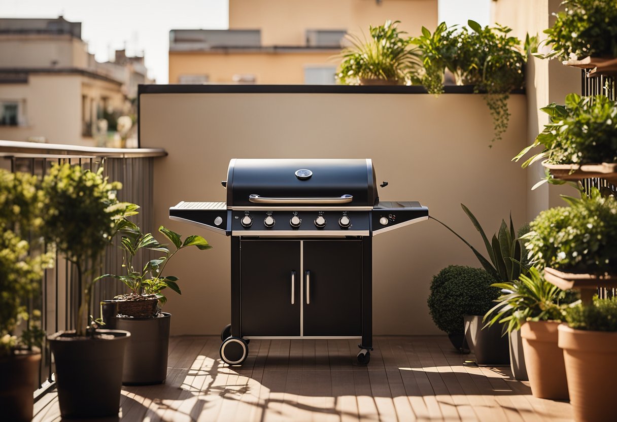 A simple, sleek grill sits on a small balcony, surrounded by potted plants and cozy seating. The sun shines down, casting a warm glow on the space
