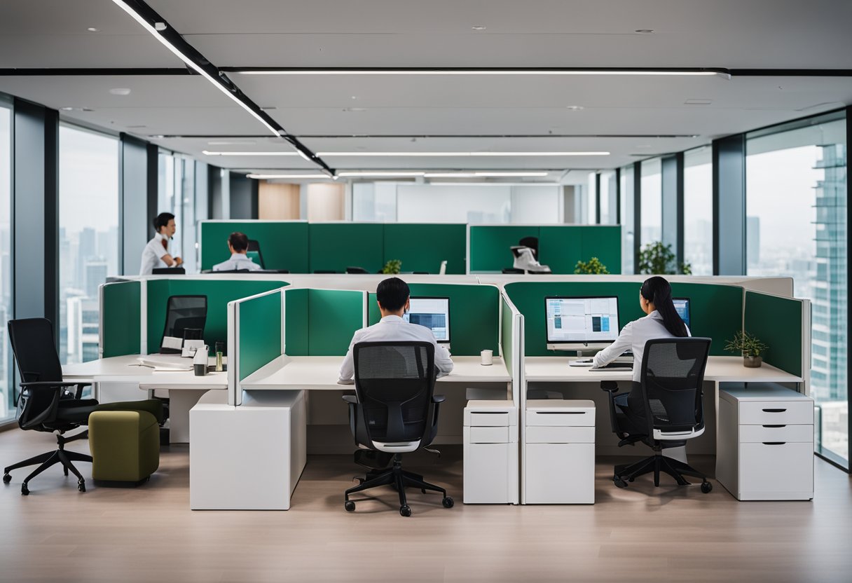 Employees exploring sleek, customizable modular office furniture in a spacious showroom in Singapore