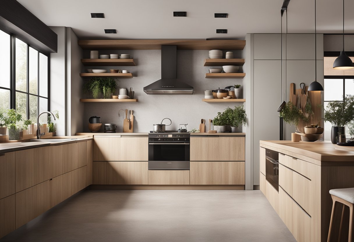 A spacious, minimalist kitchen with clean lines, natural materials, and integrated appliances. A neutral color palette with pops of wood and stone accents. Open shelving and ample natural light