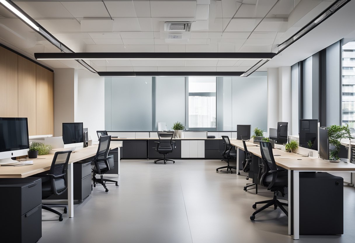 A modern office with sleek, modular furniture arranged for maximum efficiency and space utilization. Clean lines and neutral colors create a professional and inviting atmosphere