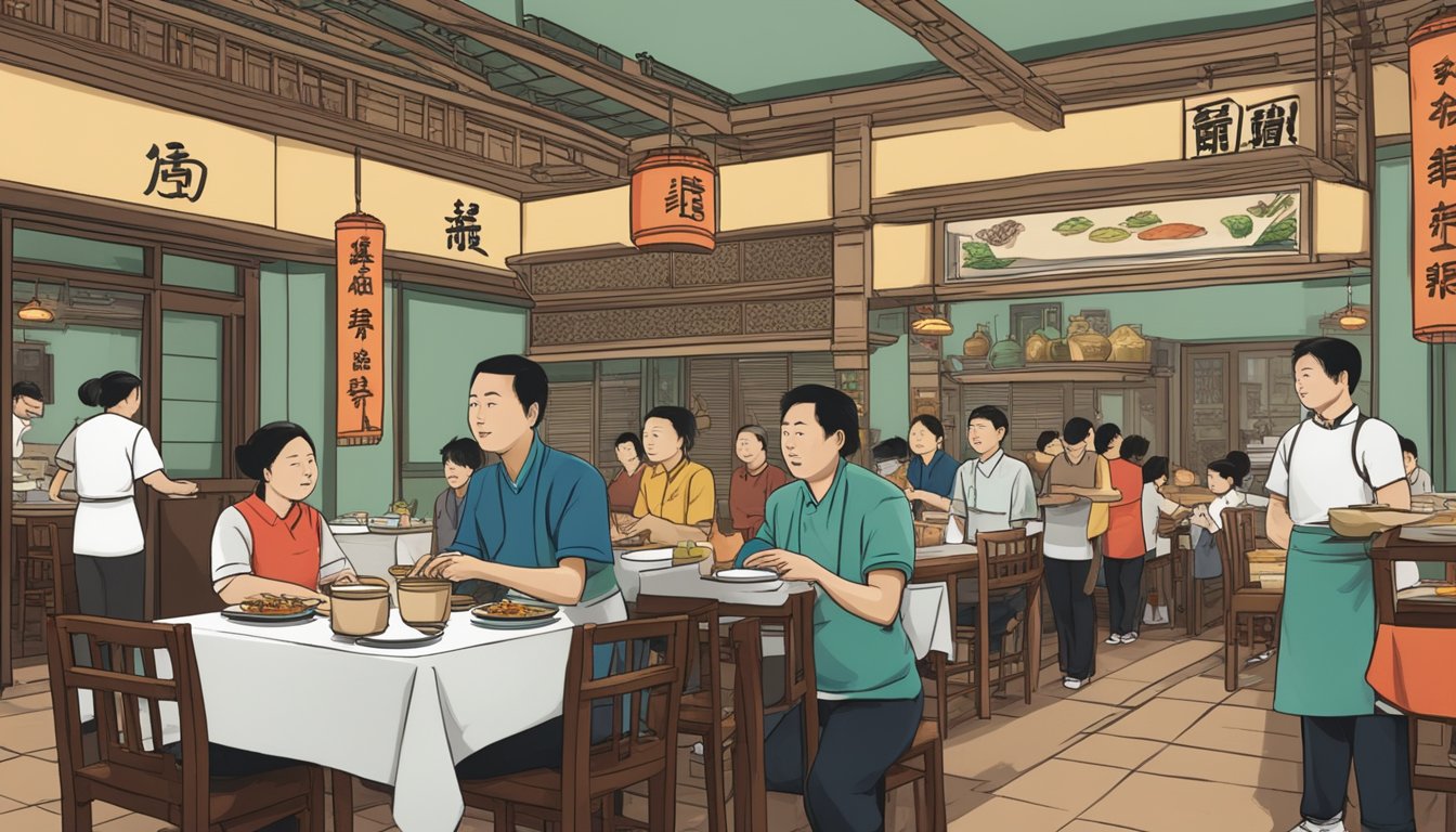 A bustling Chinese restaurant with customers lining up, waiters serving dishes, and a sign that reads "Frequently Asked Questions hup siong restaurant."