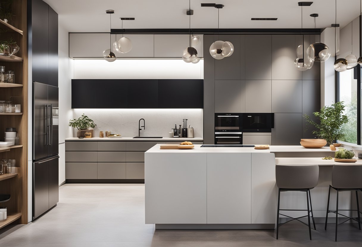 A sleek, minimalist kitchen with clean lines, integrated appliances, and a neutral color palette. A large central island with a built-in cooktop and ample storage
