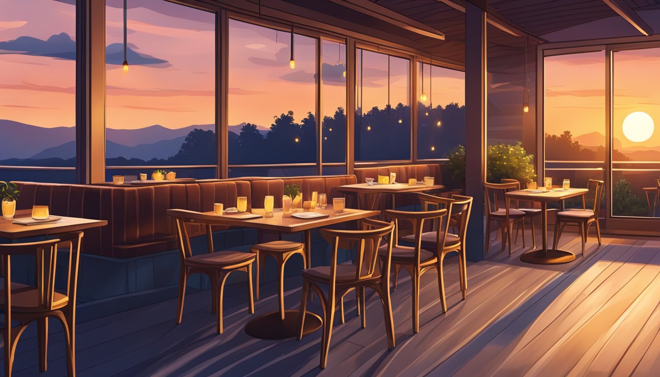The sun sets behind a cozy restaurant with a crescent moon rising above. Tables and chairs are arranged on a patio, and warm light spills out from the windows