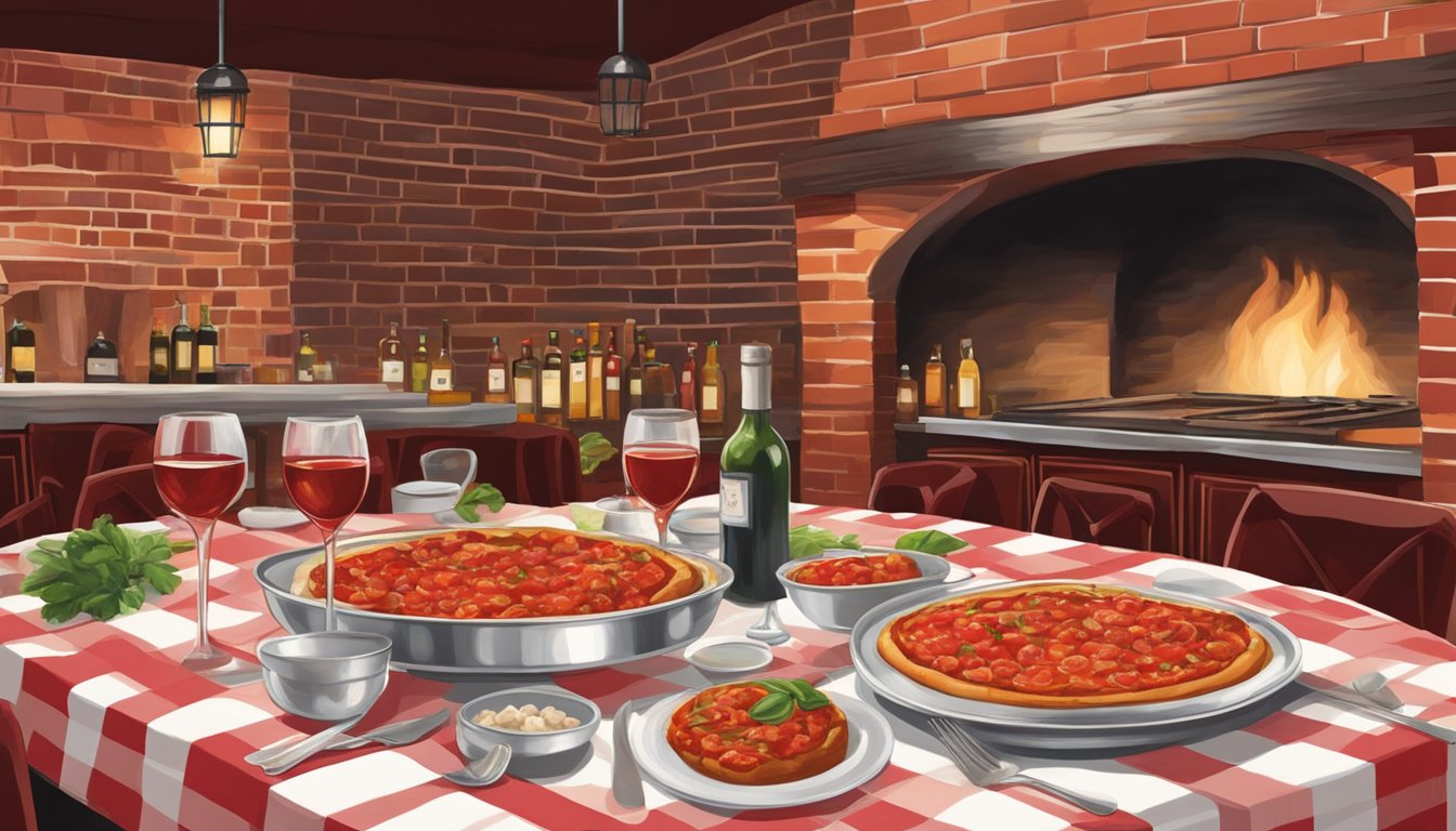 Tables set with red checkered tablecloths, wine bottles on display, a brick oven, and the aroma of garlic and marinara in the air at Carmine's Italian restaurant