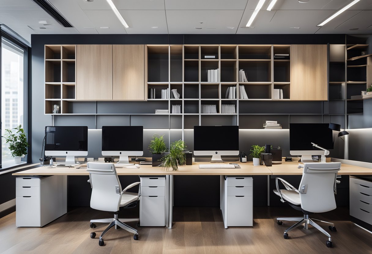 A modern office space with sleek, modular furniture arranged in a functional and efficient layout. The furniture is designed for versatility and can be easily reconfigured to suit different work environments