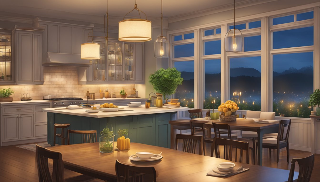 A cozy dining room with warm lighting, elegant table settings, and a view of a bustling kitchen through an open pass