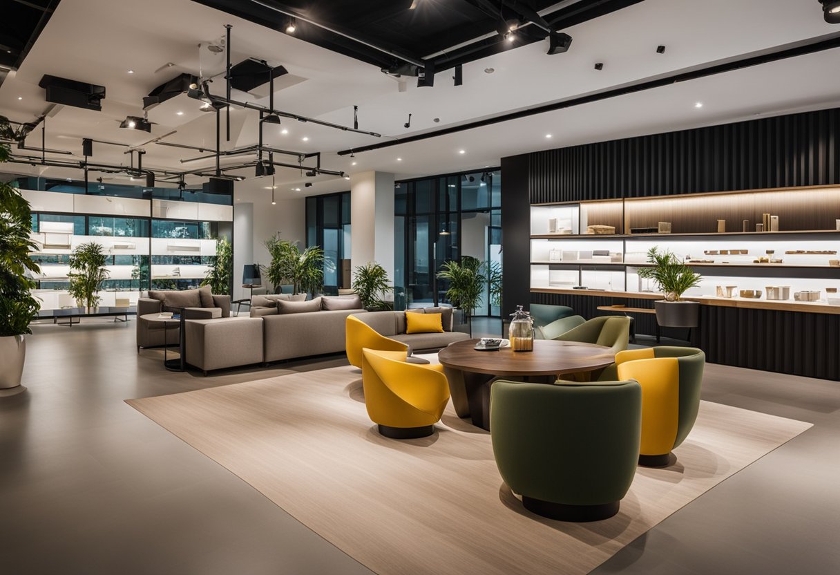 A spacious showroom with modern furniture displays, bright lighting, and a welcoming atmosphere at V.Hive in Singapore