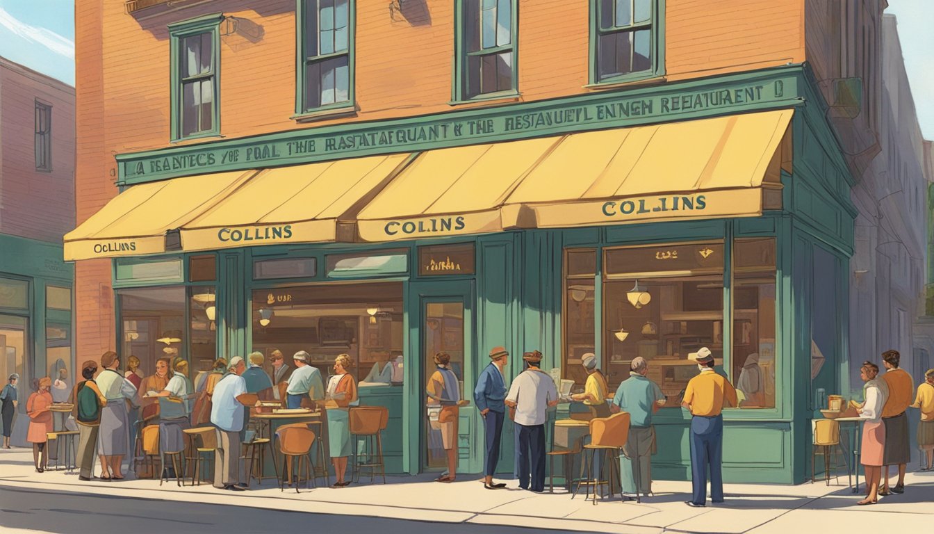 Customers line up outside Collins Restaurant, eagerly reading the Frequently Asked Questions sign. The sun casts a warm glow on the vintage exterior, while the aroma of delicious food wafts through the air