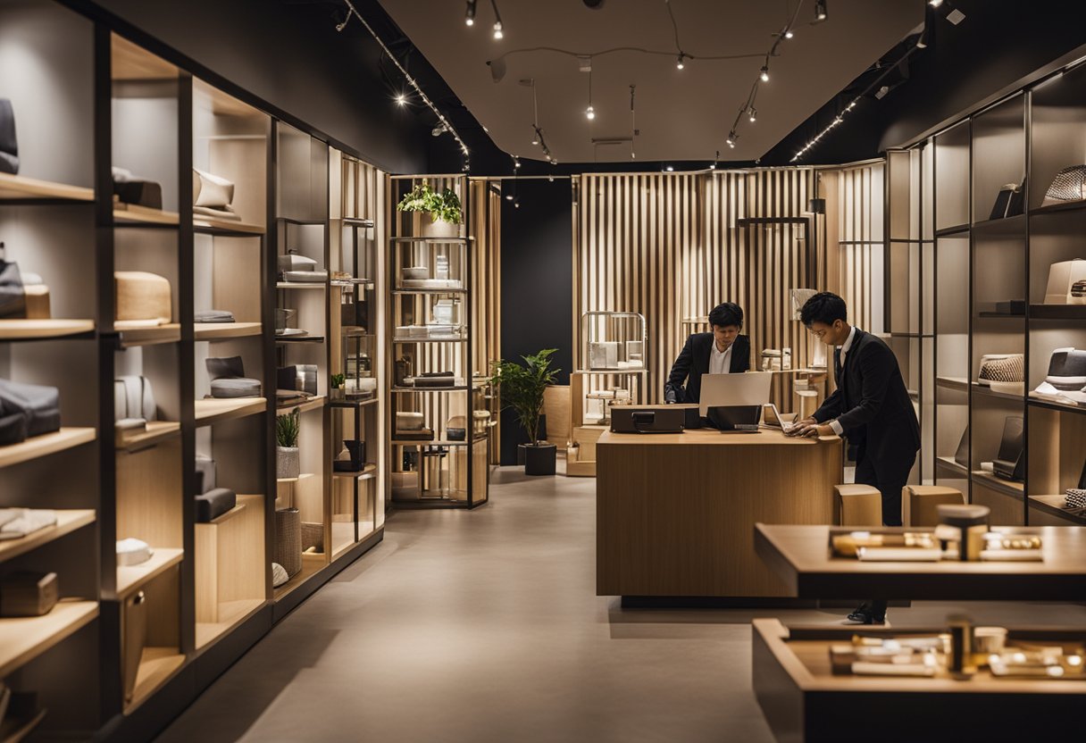 A customer browsing through a display of modern furniture at a vhive store in Singapore, with a sign reading "Frequently Asked Questions" prominently displayed