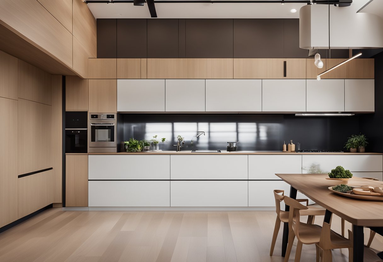 A sleek, minimalist Japanese kitchen with clean lines, natural materials, and integrated appliances. A large island serves as the centerpiece, with ample storage and a seamless flow between cooking and dining areas