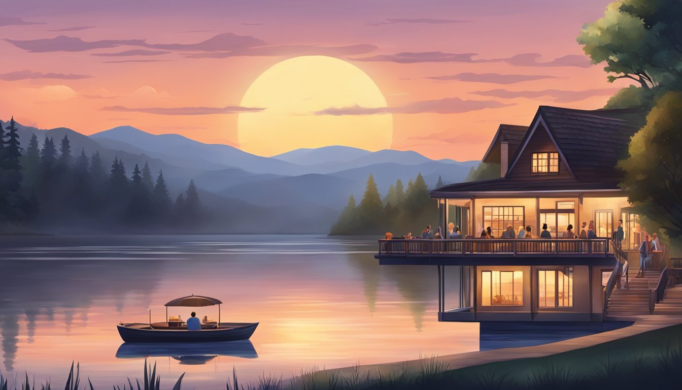 The sun setting over a serene lake, with a crescent moon rising in the sky above a cozy lakeside restaurant