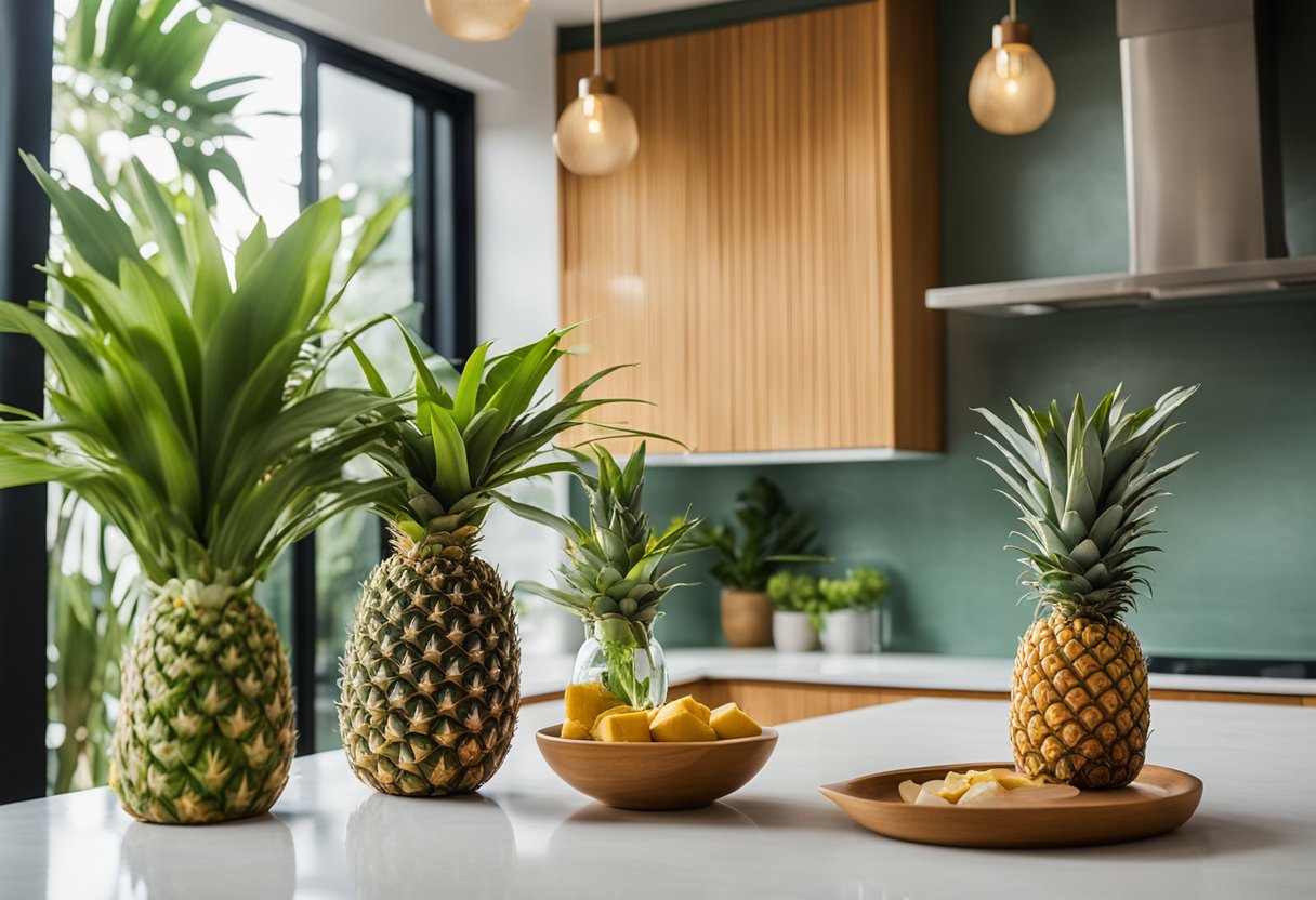 A tropical kitchen with bamboo cabinets, leafy plants, and a pineapple centerpiece on the counter. Bright, natural light floods in through large windows, illuminating the vibrant colors of the space