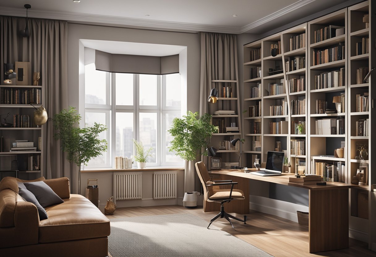 A cozy living room study with a large bookshelf, a comfortable armchair, a desk with a laptop, and a large window letting in natural light
