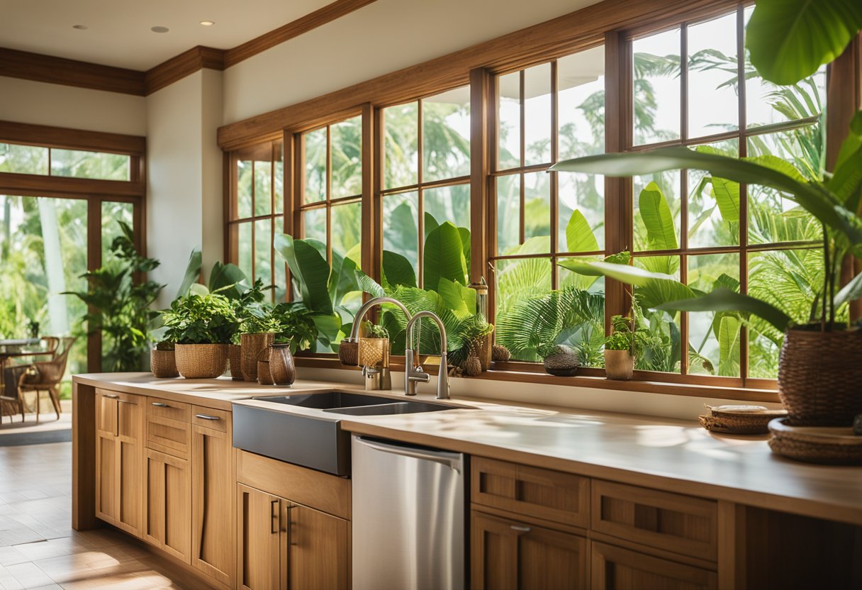 A bright, airy kitchen with vibrant tropical colors, lush greenery, and natural materials like bamboo and rattan. Large windows let in plenty of natural light, and a breezy, open layout encourages a relaxed, island vibe