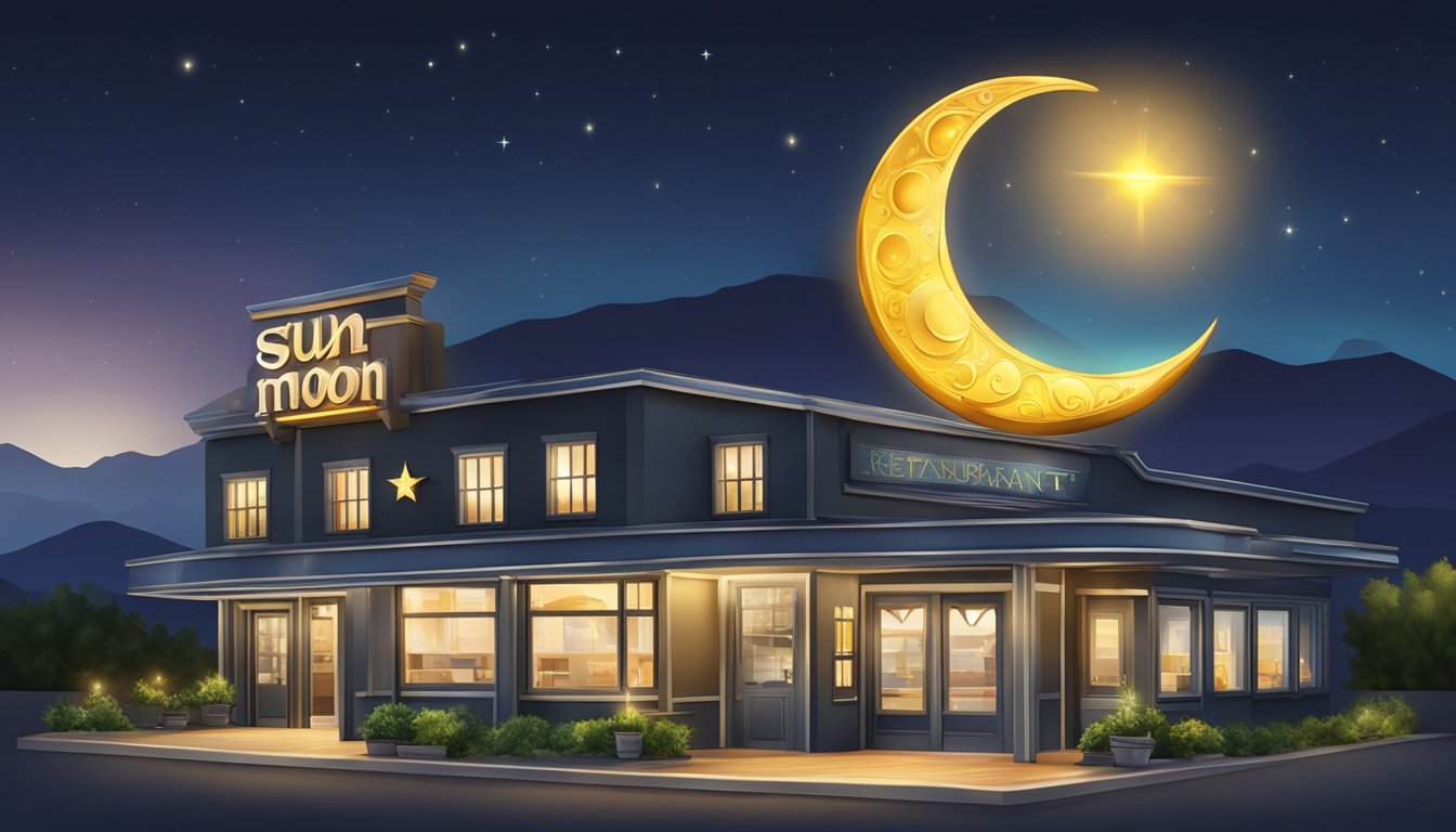 The sun and moon restaurant sign shining brightly against a dark night sky, with a crescent moon and radiant sun glowing above the building