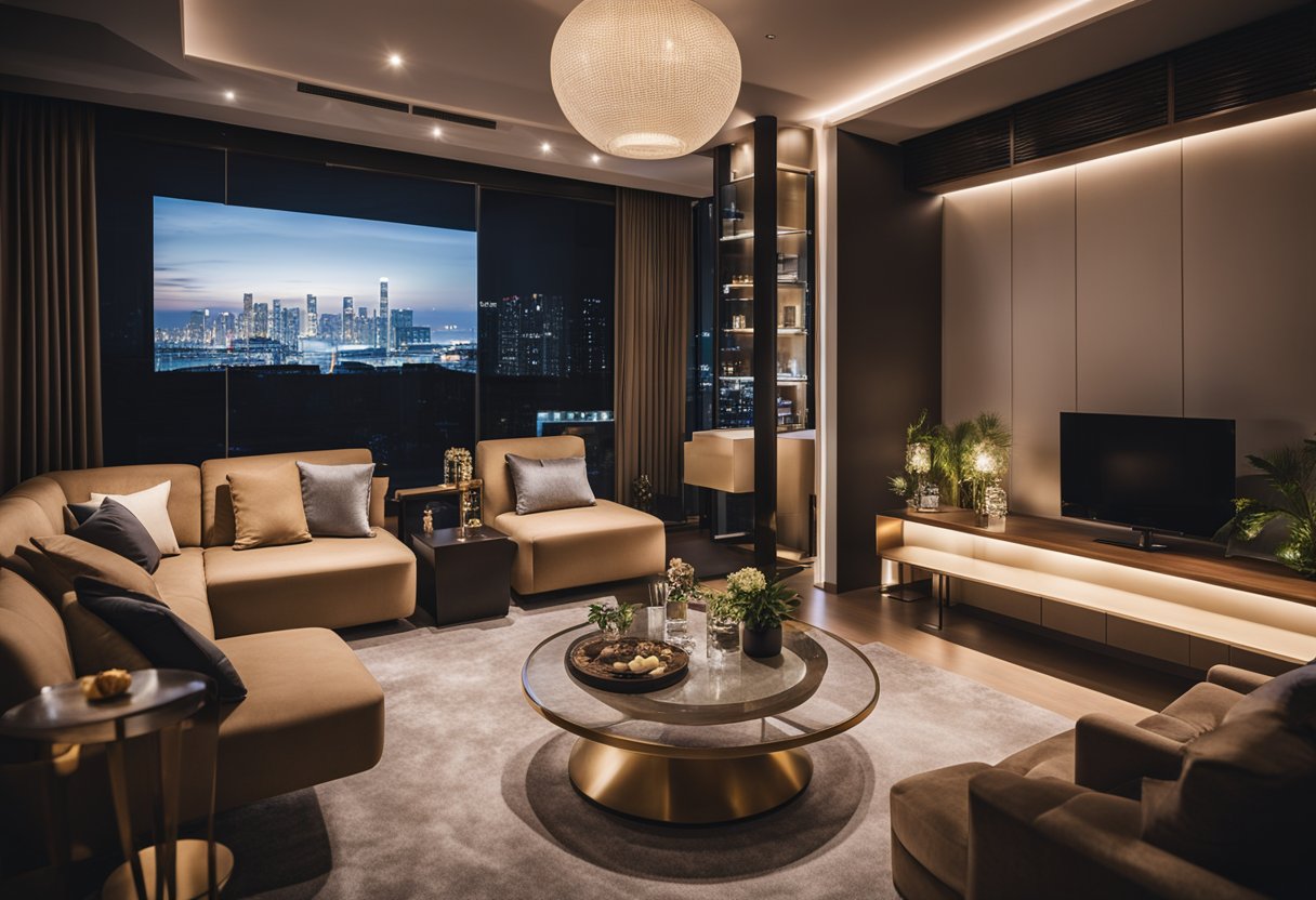A modern living room with LED furniture rental in Singapore, featuring a glowing coffee table, illuminated chairs, and a sparkling bar counter