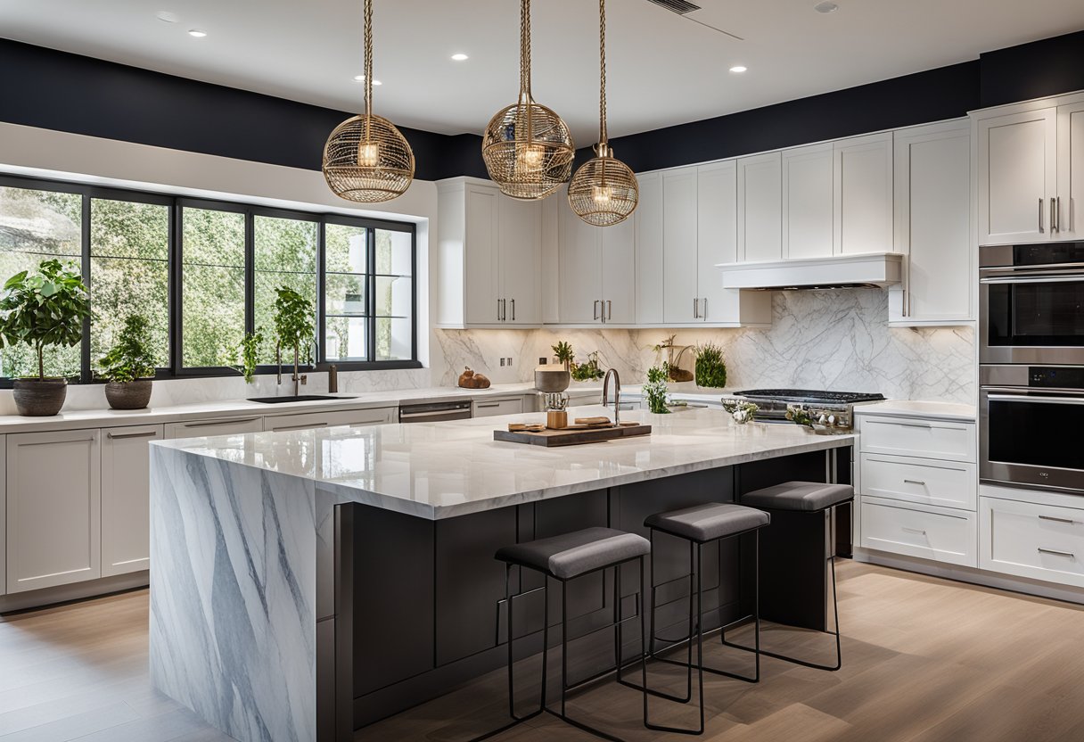 A modern kitchen island with sleek cabinets and a marble countertop, adorned with pendant lights and a stylish backsplash