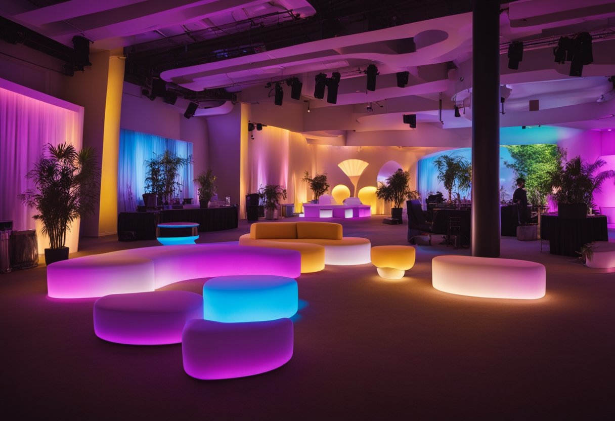 The event space is filled with vibrant LED furniture, casting a colorful glow and creating a lively atmosphere