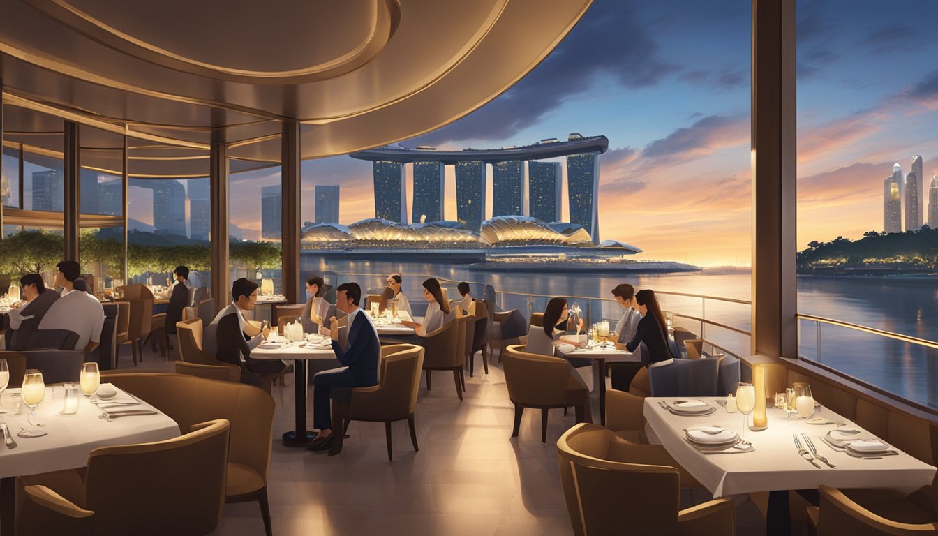 Customers enjoy a waterfront view at an Italian restaurant in Marina Bay Sands. The elegant interior features warm lighting and cozy seating arrangements