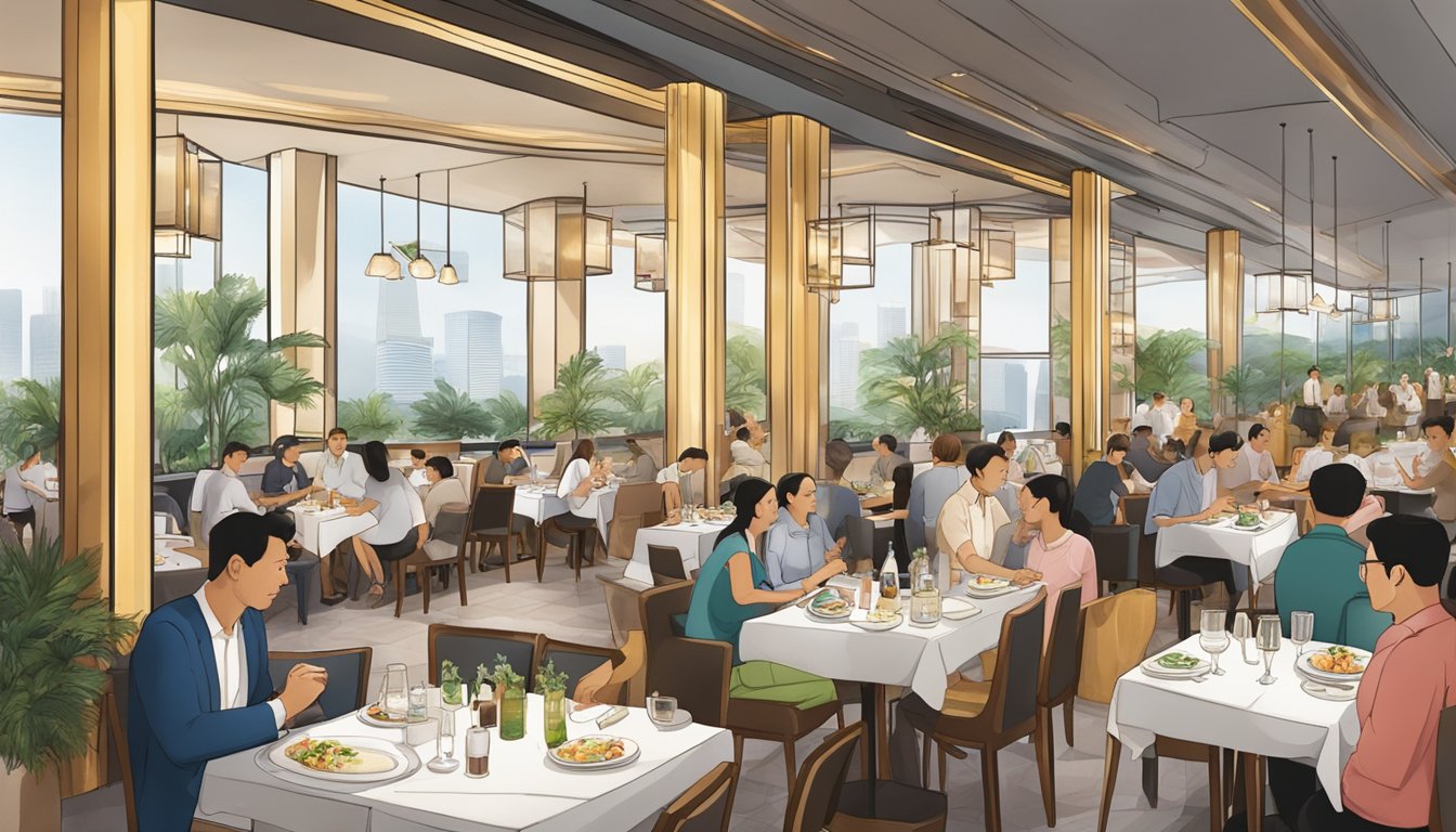 A bustling Italian restaurant at Marina Bay Sands, with diners enjoying their meals and the staff bustling about attending to customers' needs
