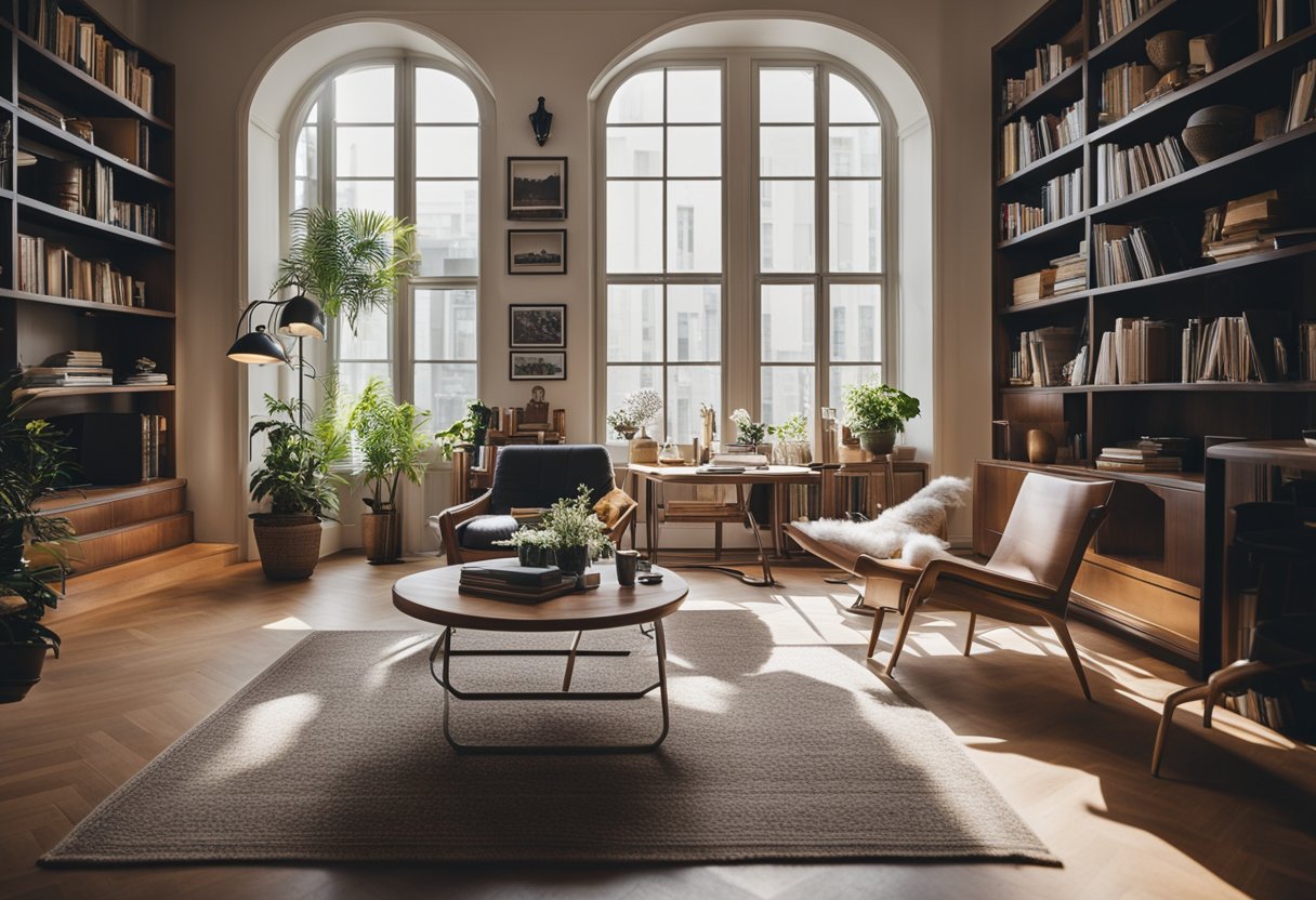 A cozy living room study with a large desk, bookshelves, and a comfortable chair by a window with natural light