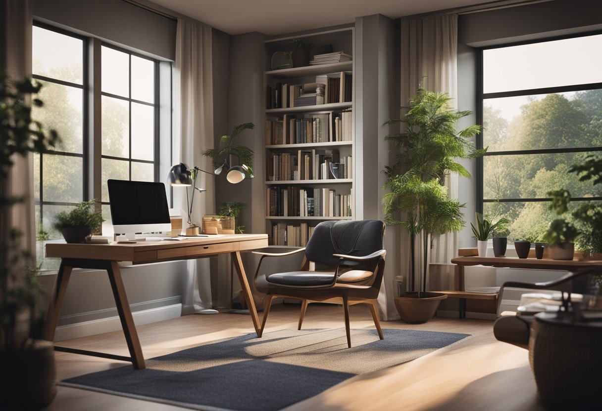 A cozy living room study with a bookshelf, desk, and chair by a large window with a view of nature