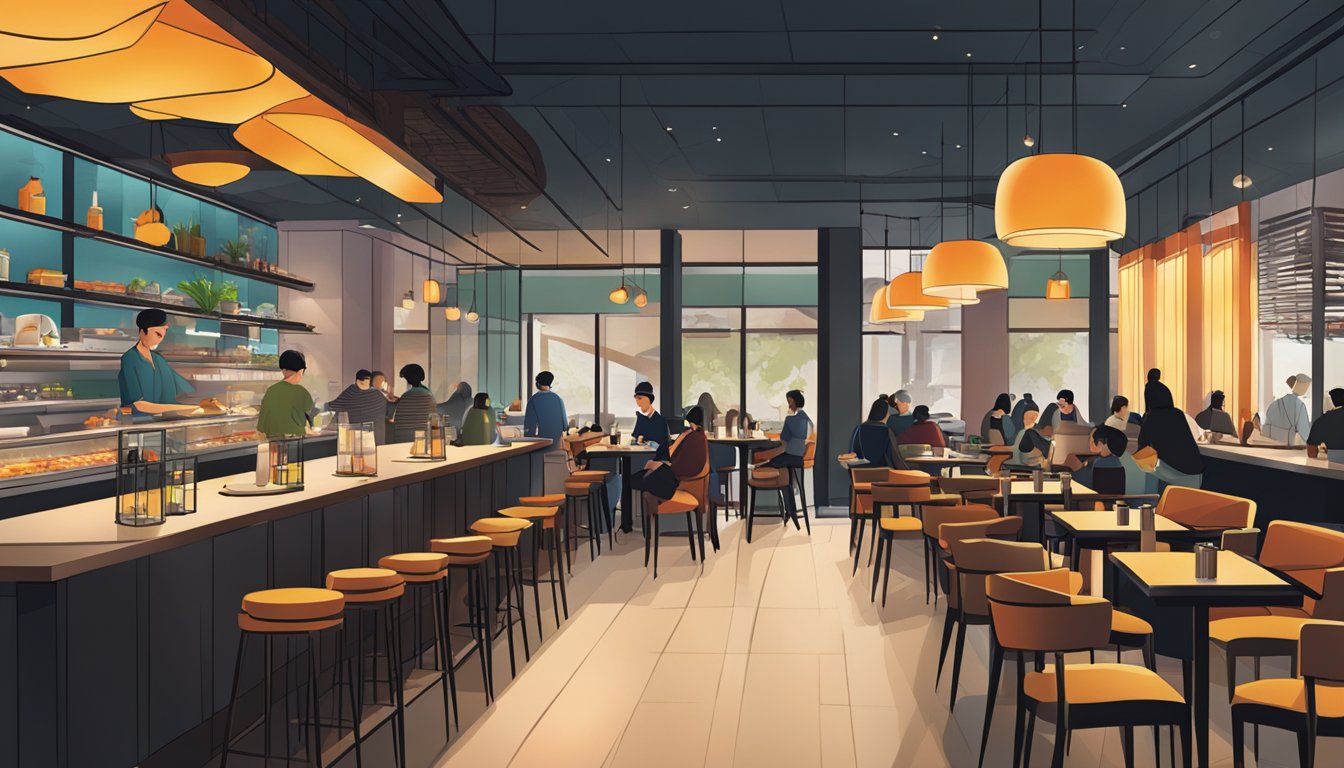 The bustling interior of Koma restaurant, with sleek modern decor, dim lighting, and a vibrant sushi bar