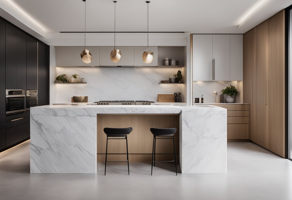 A sleek, modern kitchen island with built-in storage and a marble countertop. The island features a unique design with clean lines and a minimalist aesthetic