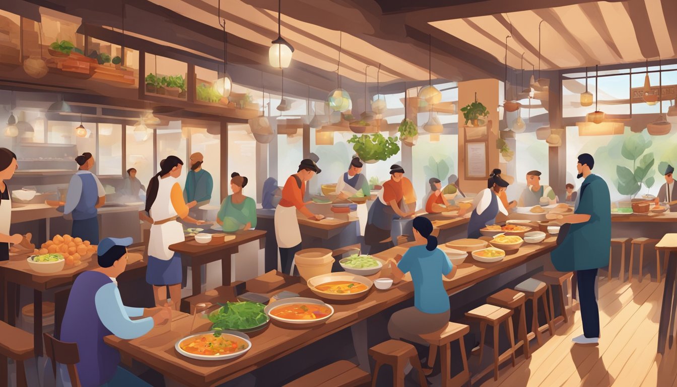 A bustling soup restaurant with steaming pots, colorful ingredients, and customers enjoying hearty bowls at wooden tables