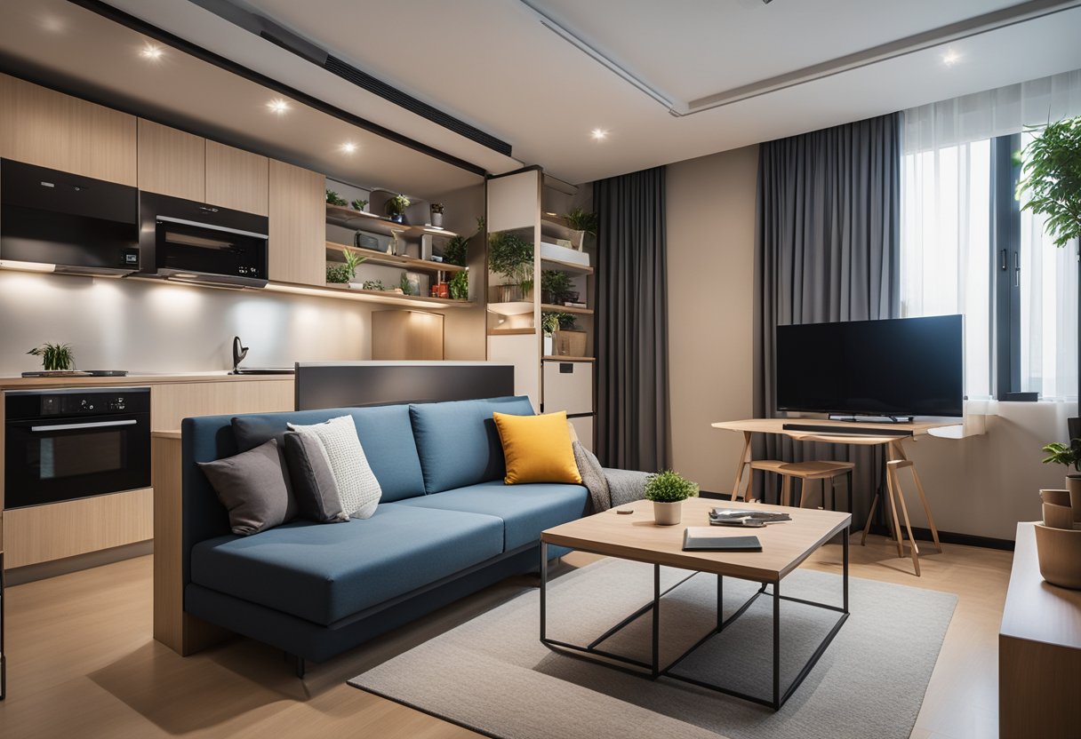 A small Singapore apartment with multifunctional furniture, such as a sofa that transforms into a bed, a table with built-in storage, and a wall-mounted desk