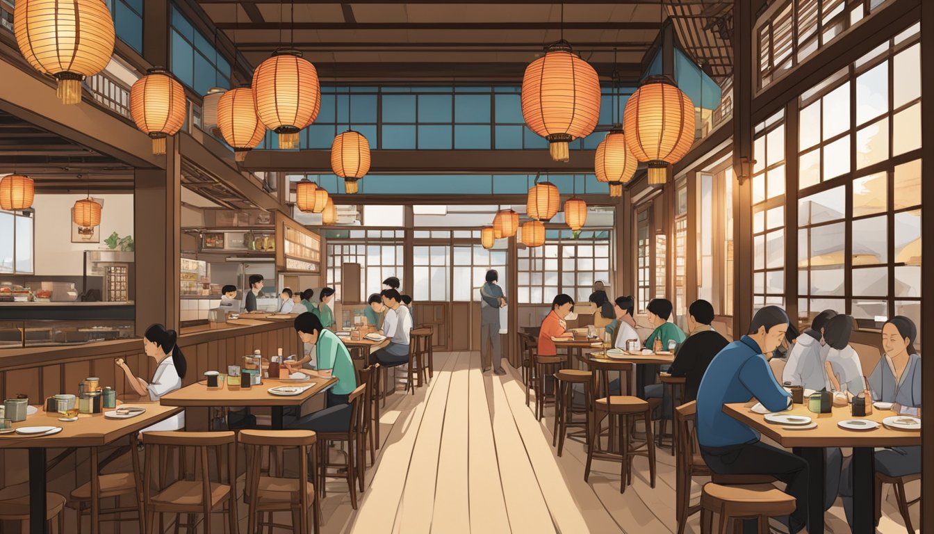 A bustling Japanese restaurant in Bugis, with traditional lanterns, wooden decor, and a sushi bar