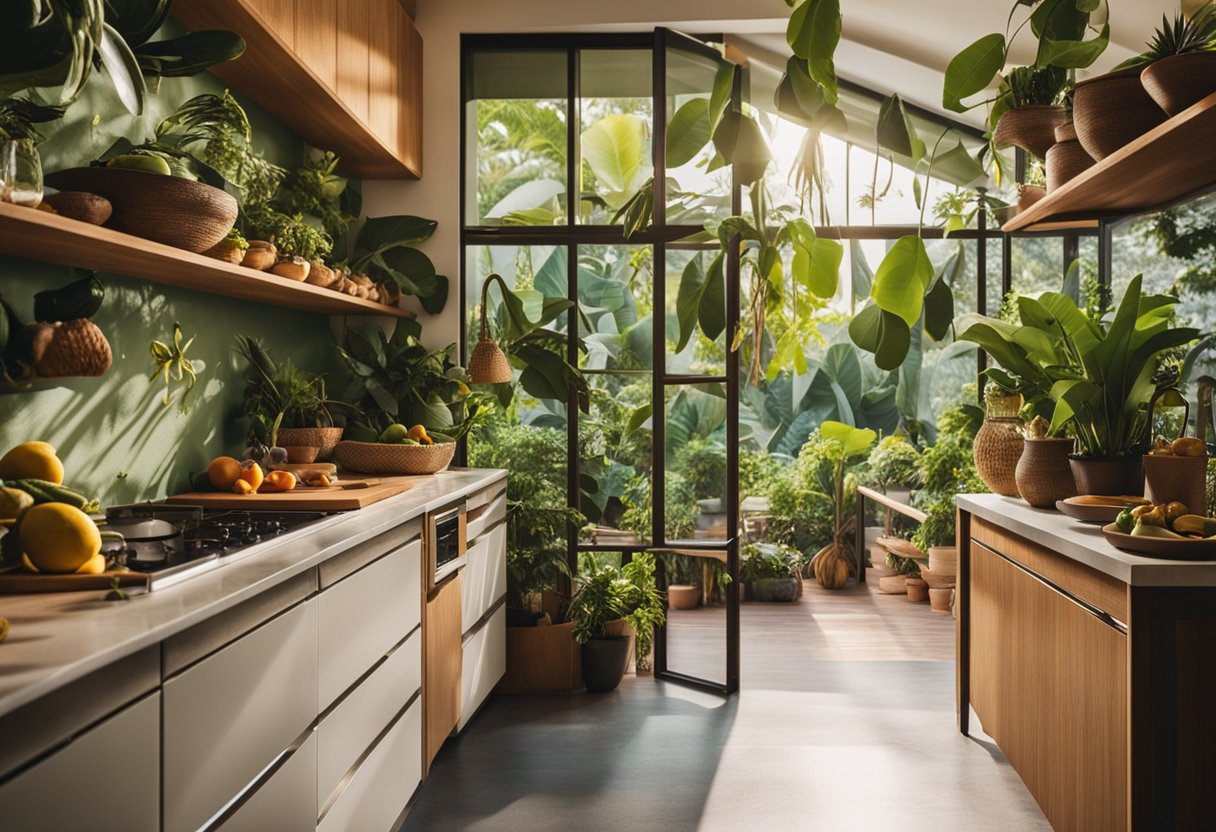 A spacious, sunlit kitchen with vibrant tropical colors, lush greenery, and open shelving filled with exotic fruits and cookware