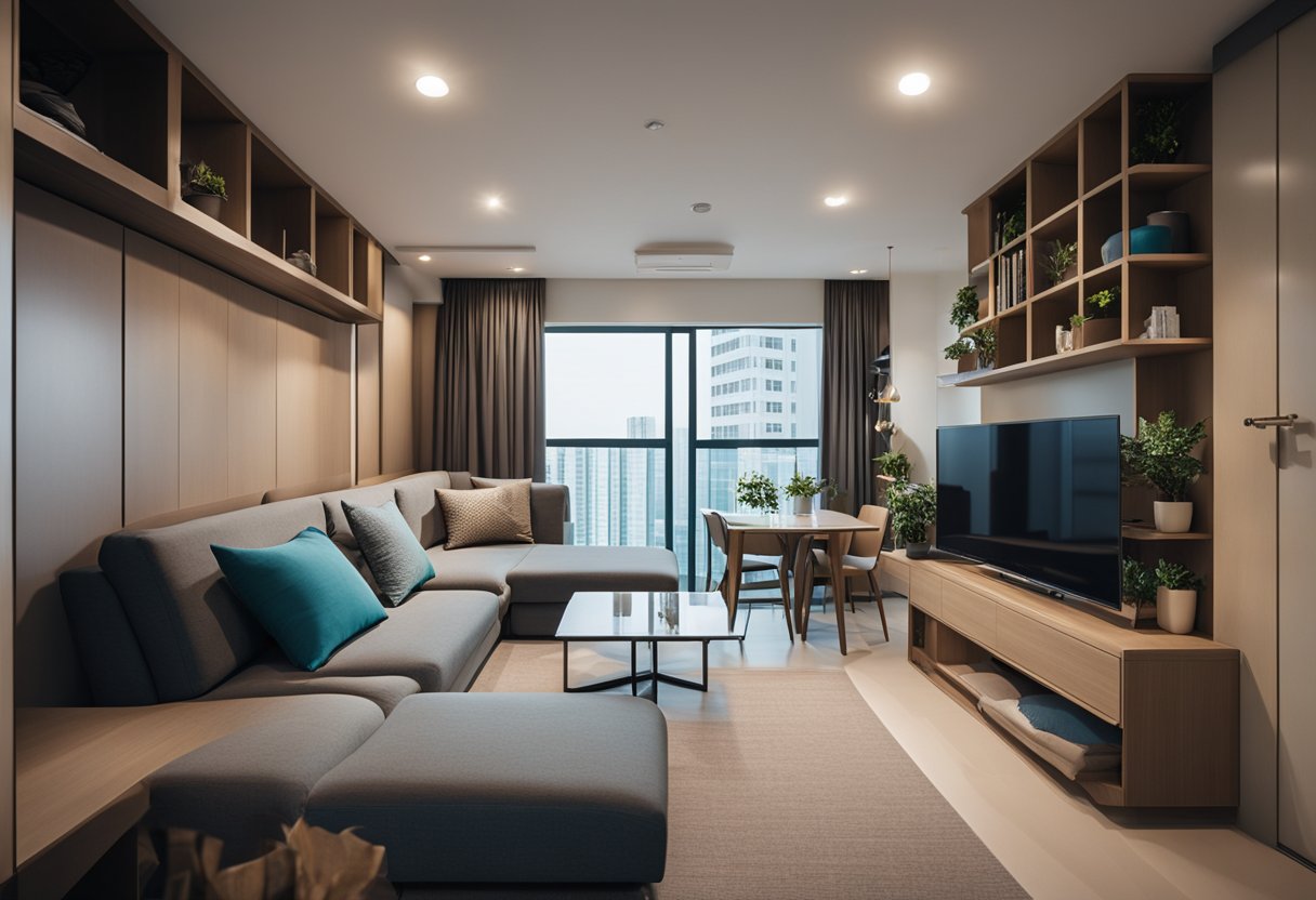 A small Singapore apartment with convertible furniture: a sofa that turns into a bed, a dining table that folds into the wall, and storage compartments hidden in every corner