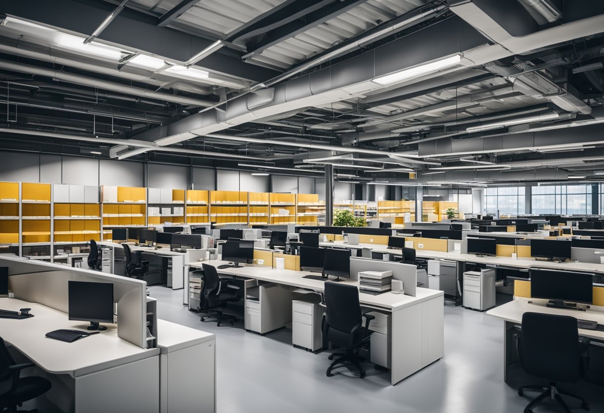 A warehouse filled with modern office furniture in Singapore. Shelves stocked with chairs, desks, and cabinets. Bright lighting and clean, organized displays